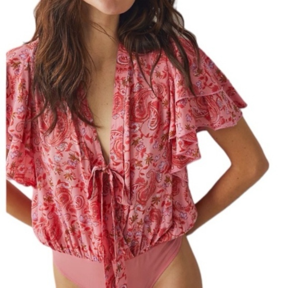 Free People Pink Paisley Tie-Front Top